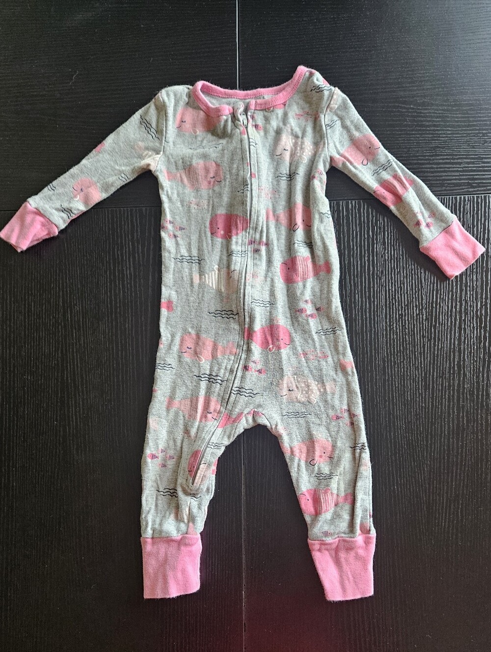 Absorba Pink and Gray Whale Zip One-Piece Footie